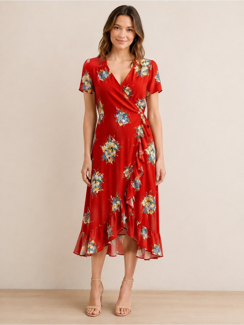Ralph Lauren Red Floral Wrap Midi Dress